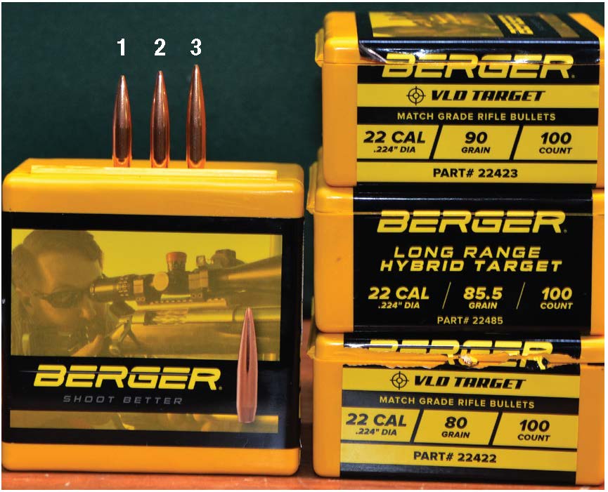 During the 1990s, Berger introduced heavy .224-inch bullets in support of across-the-course High Power competitors who were beginning the transition from M1A rifles to AR-15s with quick-twist barrels. All are accurate in the 1:7 twist of Layne’s custom switch-barrel rifle in 220 Swift. Berger bullets from left to right: (1) 80-grain VLD Target, (2) 85.5-grain Long Rifle Hybrid Target and (3) 90-grain VLD Target.